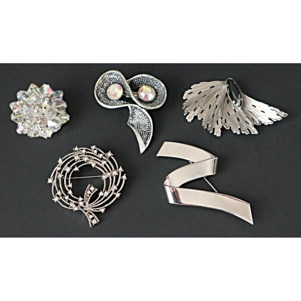 Mid-Century Modern Silver Tone Brooches Set of 5 Alaskan Diamond & Rhinestone Ac